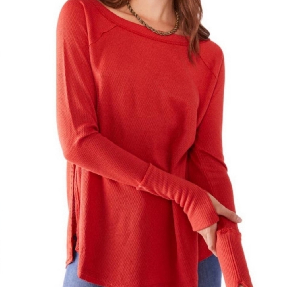 We The Free People North Shore Thermal Tunic Top Size Medium Coral Orange Boho